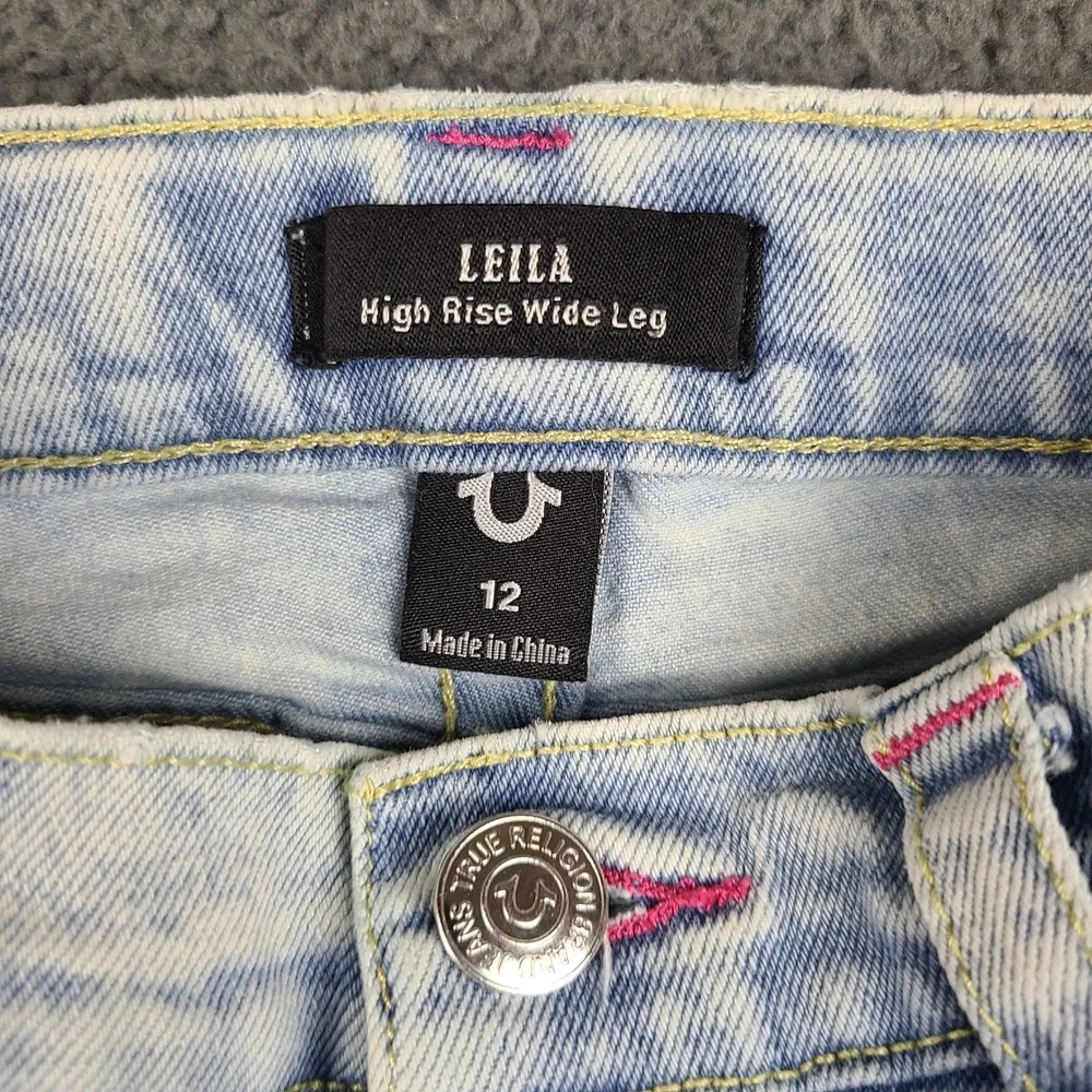 True Religion Leila Girls High Rise Wide Leg Cargo Jeans Light Wash Pink 12